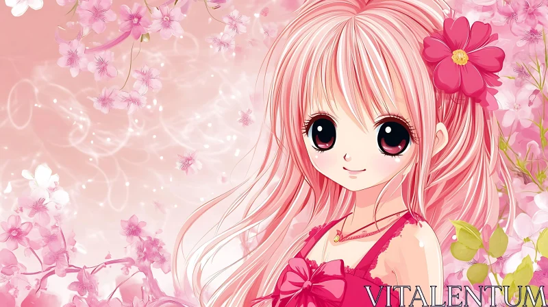 Pink-haired Anime Girl with Cherry Blossoms AI Image