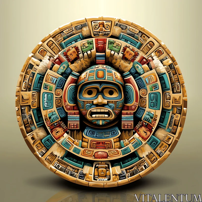 Circular Aztec Stone Calendar with Central Face AI Image