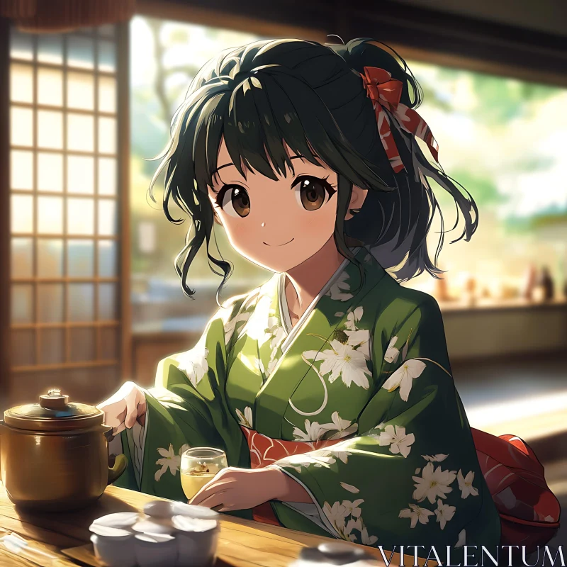 Tea Time with Anime Girl in Traditional Japanese Attire AI Image