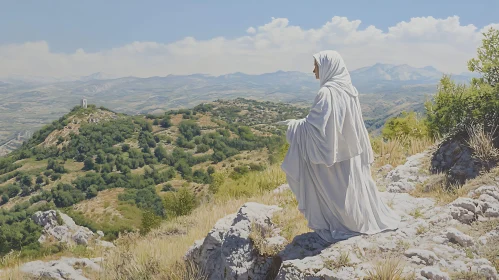 Lady in White Gown on Mountain Vista