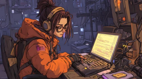 Woman Coding in Cyberpunk Environment