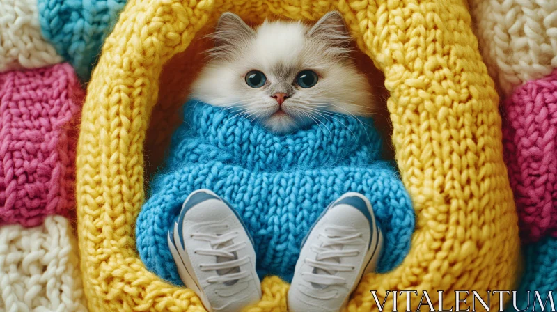 AI ART Cute Kitten in Colorful Knitted Attire