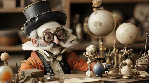 Eccentric Inventor with Globes and Gadgets