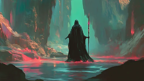 Cloaked Figure in a Fantasy Landscape