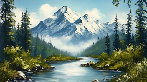 Peaceful Mountain River Scene Painting