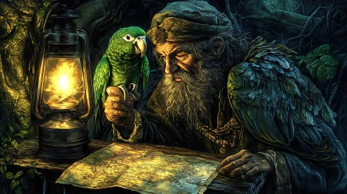 Old Wizard with Parrot Reading Map by Lantern Light