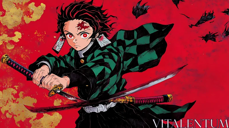 AI ART Anime Swordsman in Green Checkered Coat