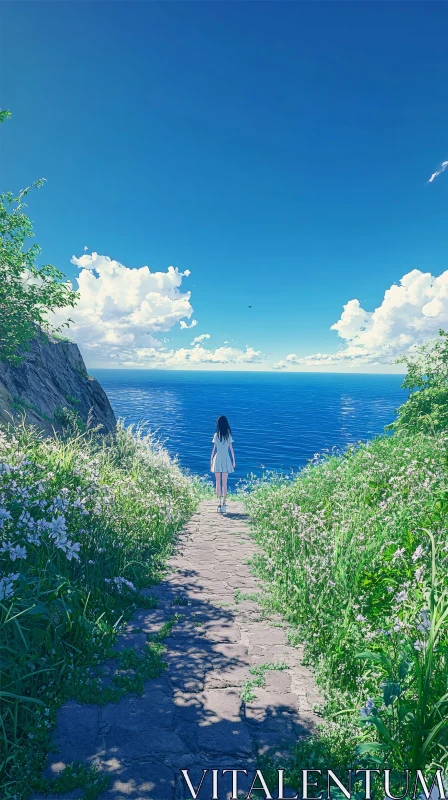 AI ART Woman on Pathway Overlooking the Sea