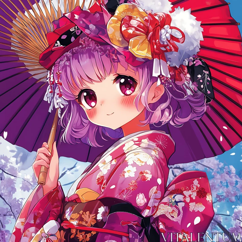 Vivid Anime Illustration of Girl in Kimono AI Image