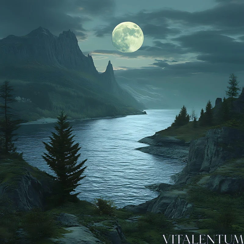 AI ART Tranquil Moon Over Mountain River