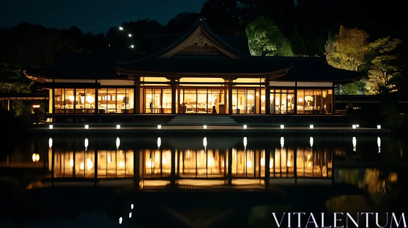 Tranquil Night Reflection of a Japanese Temple AI Image