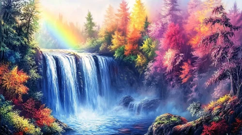 Majestic Fall Season Waterfall with Rainbow