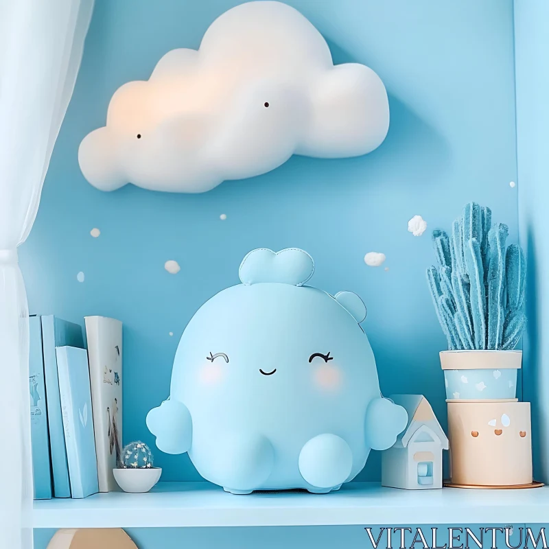 AI ART Adorable Kids Room Decor in Blue with Cloud Lamp and Cute Toy