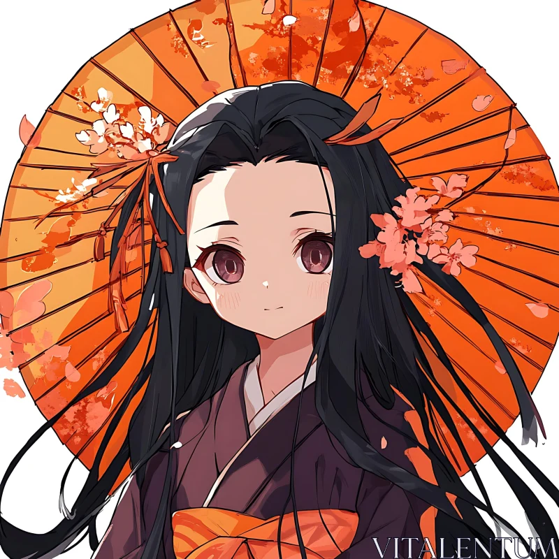 Elegant Anime Girl with Floral Umbrella AI Image