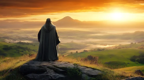 Figure Contemplates Sunset Over Mountain Vista