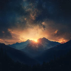 Mountain Silhouette with Sunset and Stars