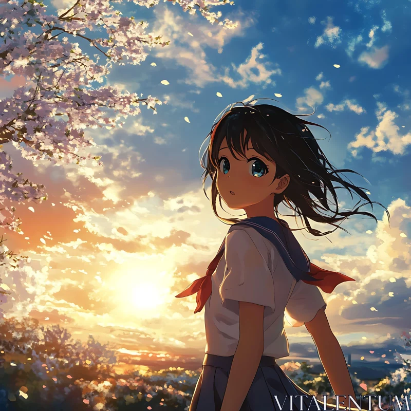 Anime Girl in Scenic Cherry Blossom Sunset AI Image