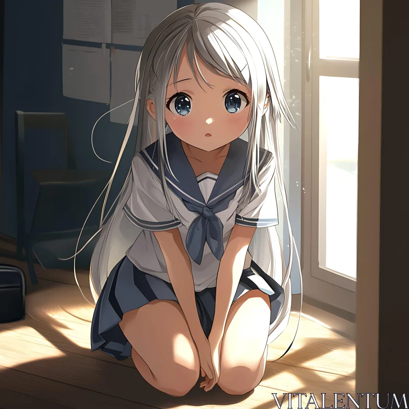 Sunlit Anime Girl in School Uniform Kneeling Indoors AI Image