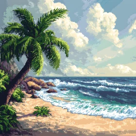 Pixelated Paradise: Palm Tree Beach Scene