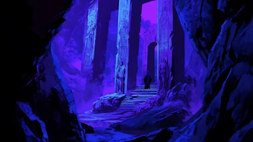 Monochrome Blue Cavern with Statues and Figure