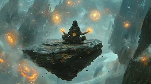 Meditating Figure in Fantasy Landscape