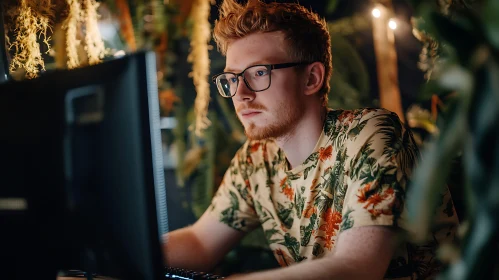 Man with Glasses Working on Computer