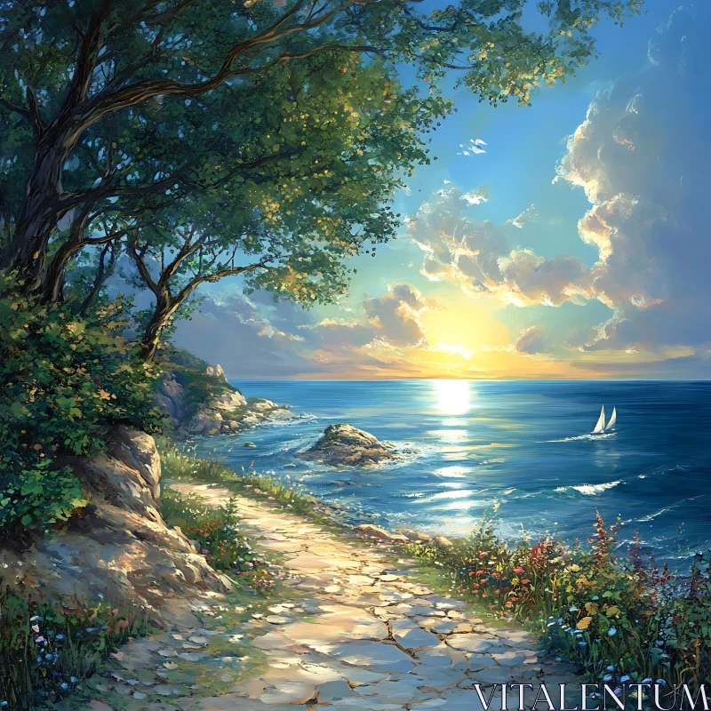 AI ART Coastal Path to Ocean Sunset