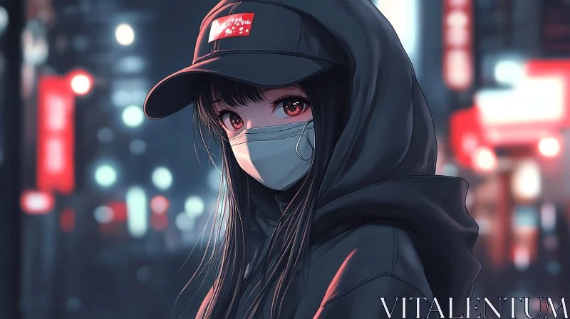 Urban Anime Girl with Red Eyes AI Image