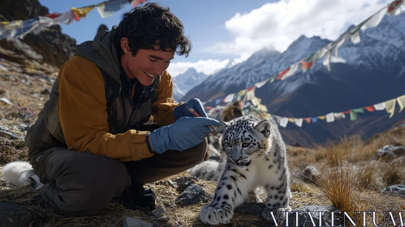 Man and Snow Leopard Cub in the Wild AI Image