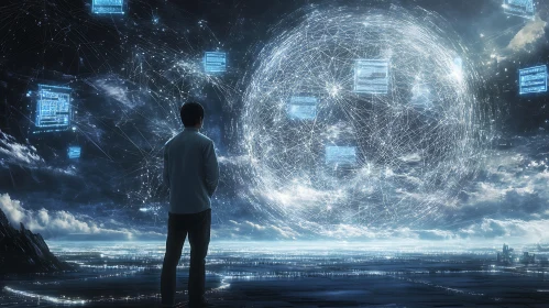 Man Watches Data Sphere in Future City