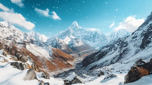 Snowy Mountain Peaks Under Blue Sky