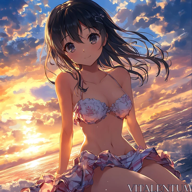 Beachside Sunset Anime Art AI Image