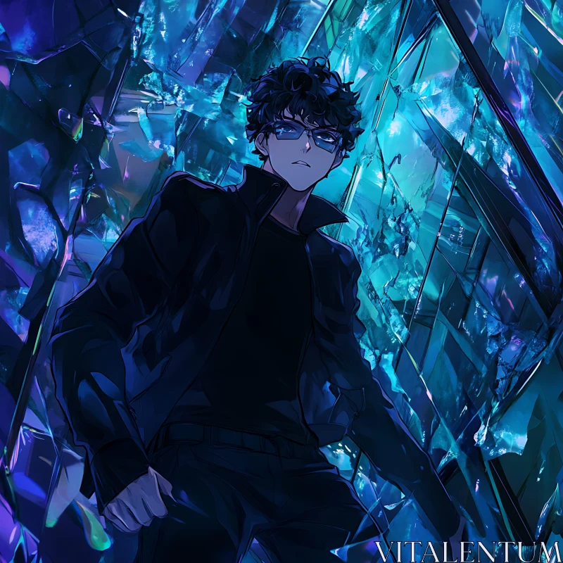 Curly-Haired Anime Protagonist in Dark Jacket AI Image