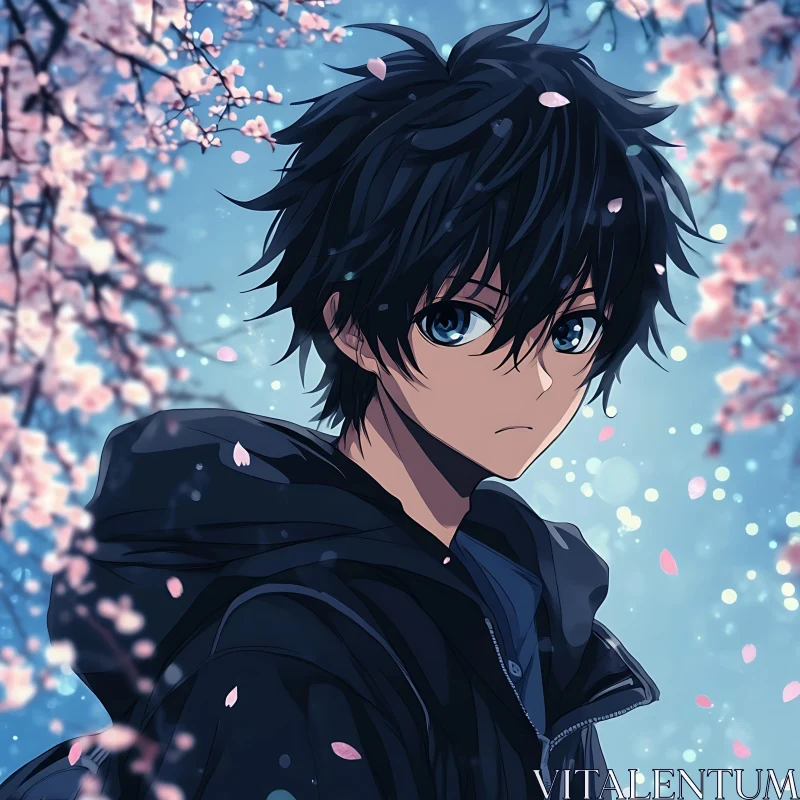 Anime Character with Blue Eyes Amidst Cherry Blossoms AI Image