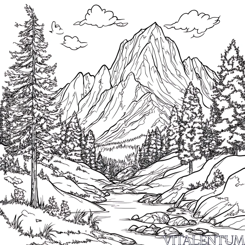 AI ART Monochrome Mountain River Scene