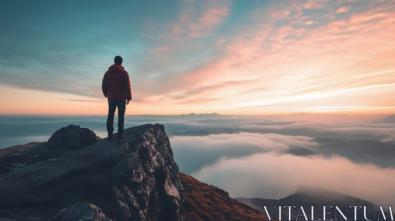 Man on Mountain Peak at Sunset AI Image