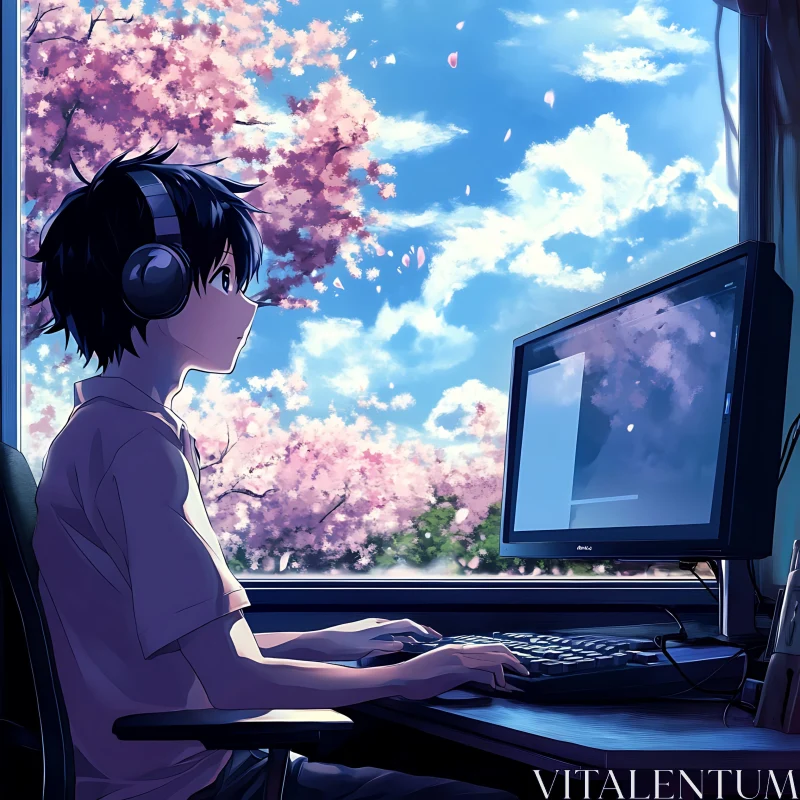 Anime Scene: Character at Computer with Blossom Trees AI Image