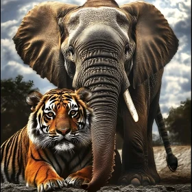 Majestic Elephant and Tiger Together