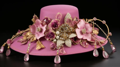 Elegant Pink Hat with Gold Flower Ornaments - Classic Hollywood Glamour