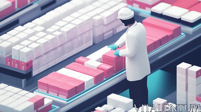 Worker Inspecting Boxes in Factory Setting AI Image