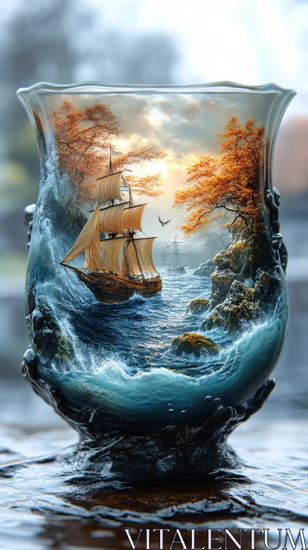 AI ART Sailing Ship Within Glass Amidst Ocean Waves