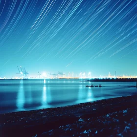 Night Star Trails Over Calm Sea