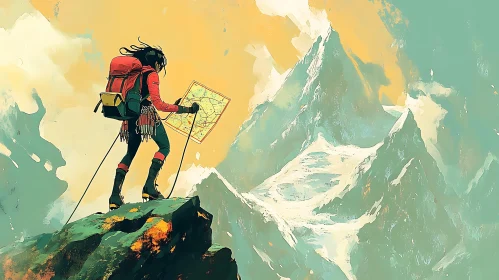 Climber on Mountain Peak with Map