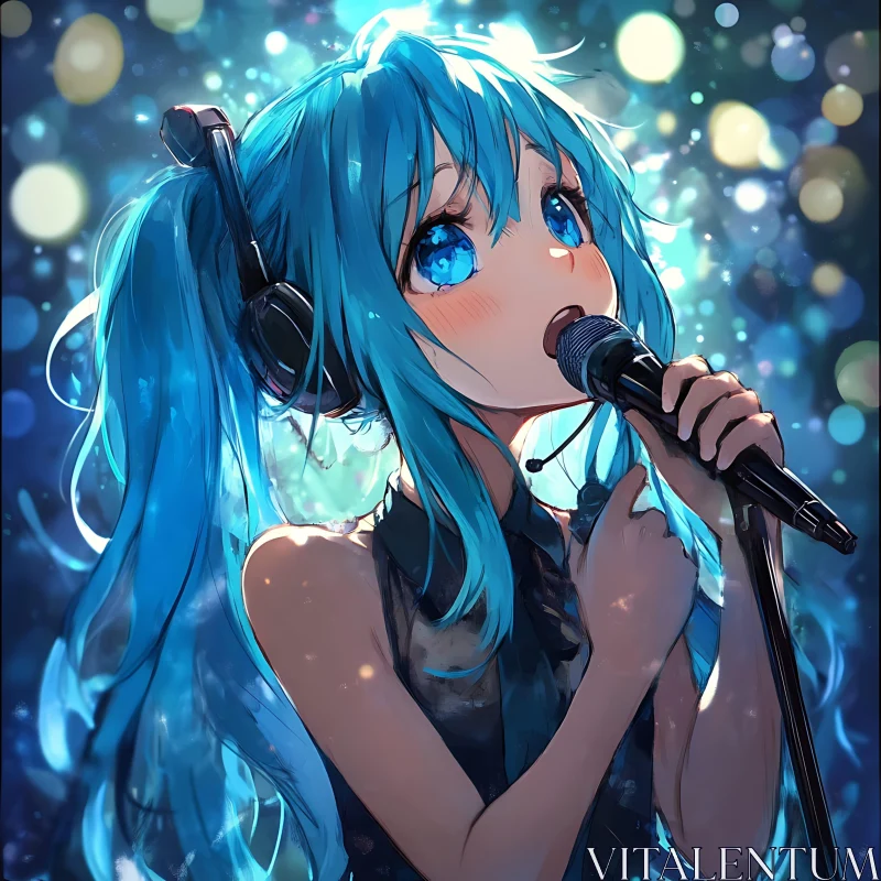 AI ART Blue-Haired Anime Singer Under Bokeh Lights