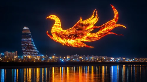Night Cityscape with Fiery Phoenix