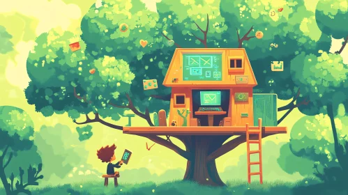 Whimsical Treehouse with Tech and Nature