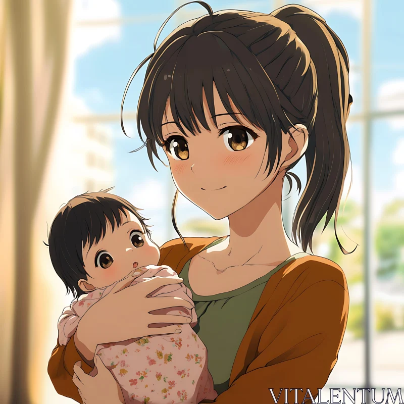 AI ART Anime Mother and Baby Cuddling