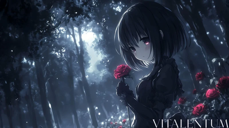 AI ART Mysterious Forest Scene with Anime Girl and Rose