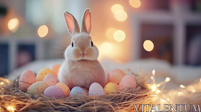 Fluffy Bunny in Nest of Easter Eggs AI Image