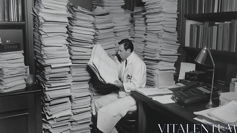 Man Reviews Documents Amidst Paper Stacks AI Image